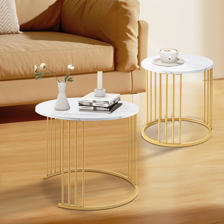 Set de 2 masute de cafea tip "Nesting", design rotund, masute laterale moderne pentru dormitor si sufragerie, Alb/Auriu [3]
