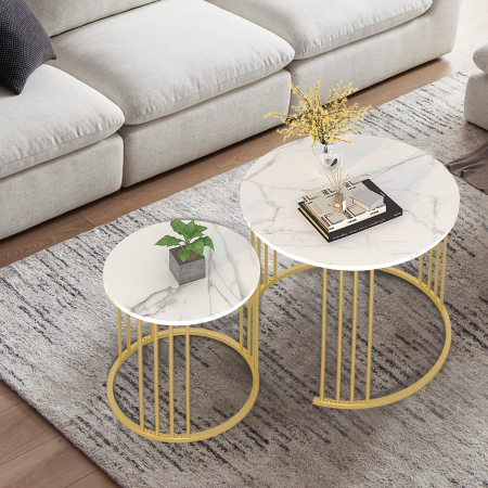 Mobila gradina & terasa - Set de 2 masute de cafea tip "Nesting", design rotund, masute laterale moderne pentru dormitor si sufragerie, Alb/Auriu