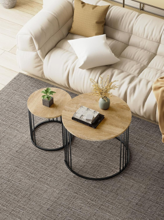 Set de 2 masute de cafea tip "Nesting", design rotund, masute laterale moderne pentru dormitor si sufragerie, Bej/Negru [7]