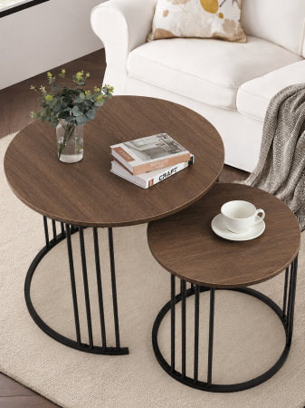 Set de 2 masute de cafea tip "Nesting", design rotund, masute laterale moderne pentru dormitor si sufragerie, Maro/Negru [1]