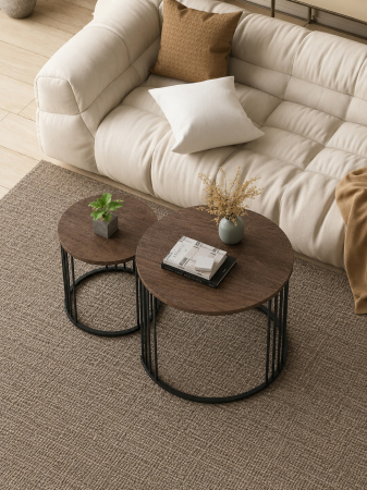 Mobila gradina & terasa - Set de 2 masute de cafea tip "Nesting", design rotund, masute laterale moderne pentru dormitor si sufragerie, Maro/Negru