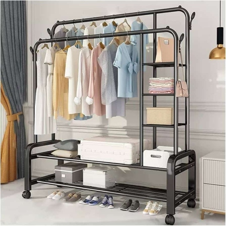 Curatenie, Organizare si Depozitare - Suport dublu de umerase pentru haine, cu 2 suporti de pantofi, din metal, cu raft depozitare deasupra – 70KG greutate maxima, 159 x 159 x 49cm
