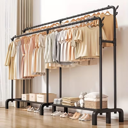 Curatenie, Organizare si Depozitare - Suport haine dublu metalic 190x159x40 cm, organizator umerase si suport pantofi, negru, capacitate mare