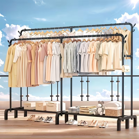 Suport haine dublu metalic 190x159x40 cm, organizator umerase si suport pantofi, negru, capacitate mare [5]
