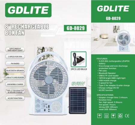 Ventilator solar de birou multifunctional cu incarcare solara si panou solar, 8 inch, 2 viteze, 2 becuri, 1 lampa, boxa incorporata, incarcare telefonica, radio fm, bluetooth, usb, autonomie mare, Alb [4]