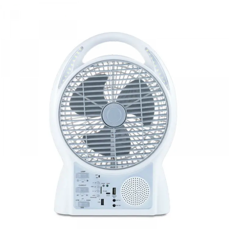 Sisteme si panouri solare - Ventilator solar de birou multifunctional cu incarcare solara si panou solar, 8 inch, 2 viteze, 2 becuri, 1 lampa, boxa incorporata, incarcare telefonica, radio fm, bluetooth, usb, autonomie mare, Alb