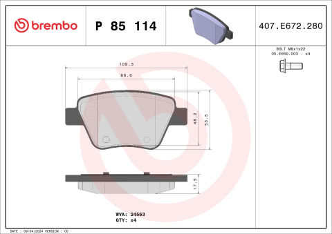 Piese auto aftermarket - SET PLACUTE FRANA SPATE BREMBO P 85 114