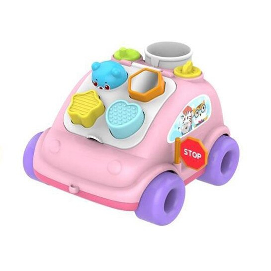 Maşinuţă de tras cu sortator forme ABERO Hop the bear bus culoare roz [2]