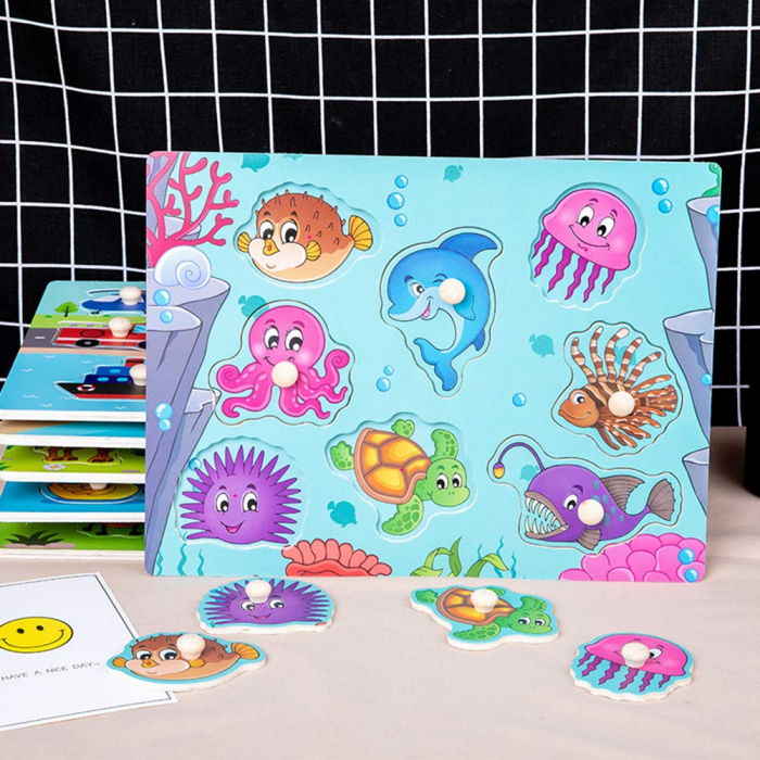 Puzzle incastru din lemn cu butoni - animale marine [2]