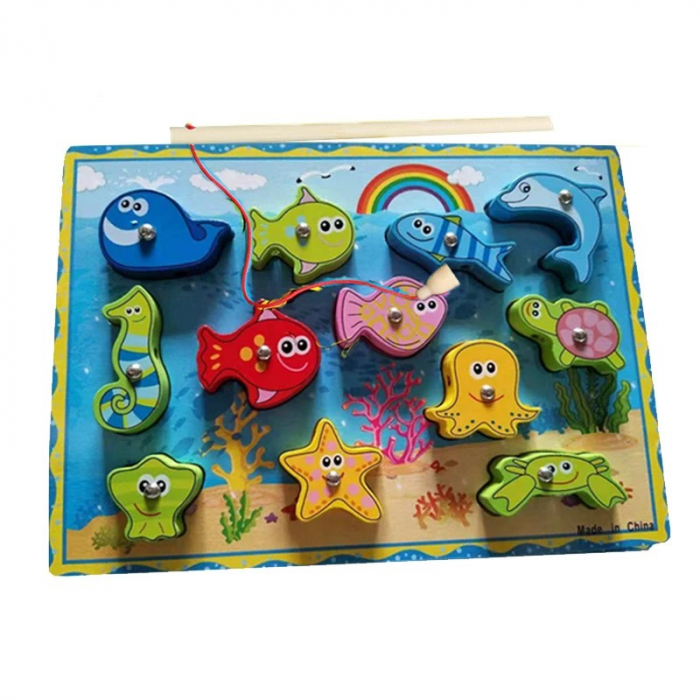 Joc 3 în 1 din lemn ANIMALE MARINE - puzzle 3D, joc de pescuit și jucărie de înșiruit [3]