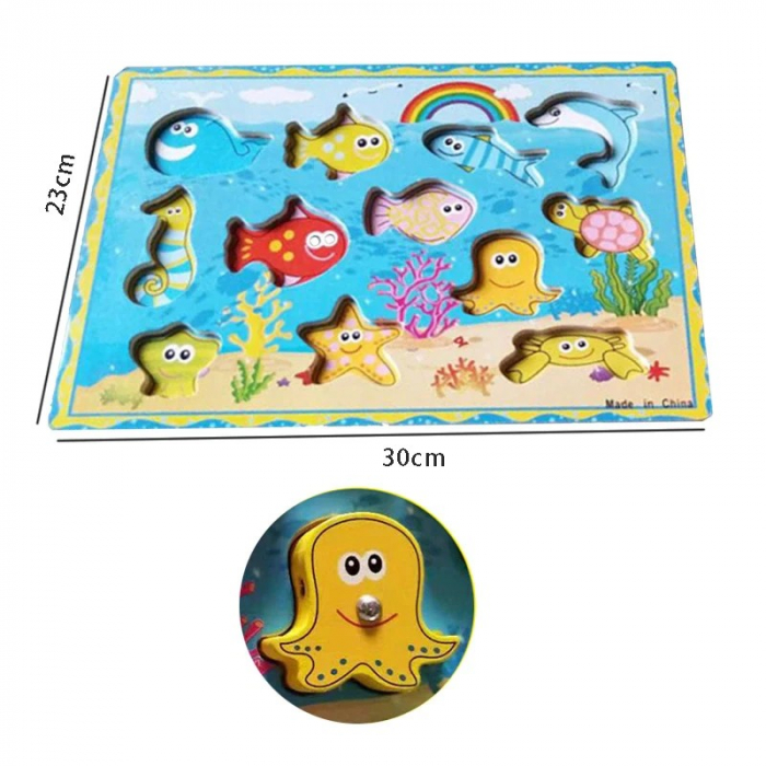 Joc 3 în 1 din lemn ANIMALE MARINE - puzzle 3D, joc de pescuit și jucărie de înșiruit [6]