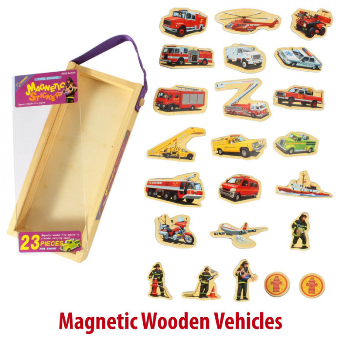 Set piese magnetice din lemn - vehicule de intervenție pompieri - în cutie din lemn cu mâner [3]