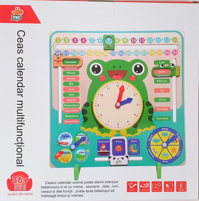 Ceas calendar multifuncțional din lemn Montessori Broscuță în limba română [2]