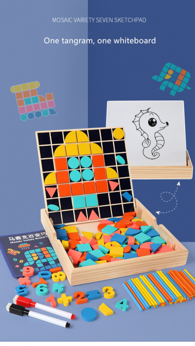 Set Mozaic 3 în 1 din lemn - Puzzle Mozaic tip Tangram, tablă de scris cu carioca lavabilă și joc de calcule matematice [7]