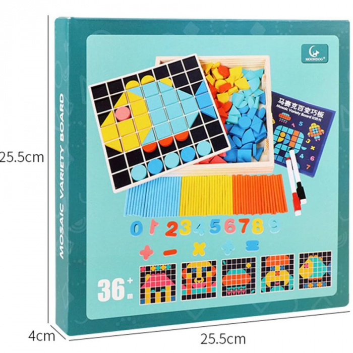 Set Mozaic 3 în 1 din lemn - Puzzle Mozaic tip Tangram, tablă de scris cu carioca lavabilă și joc de calcule matematice [4]