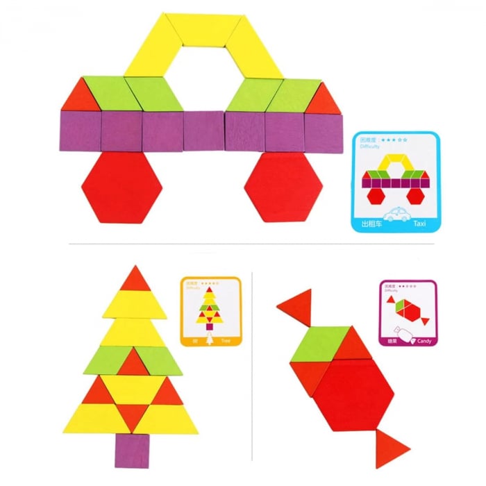 Joc tangram puzzle de tip Montessori din lemn - Pattern Blocks [5]