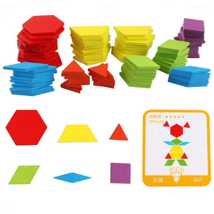 Joc tangram puzzle de tip Montessori din lemn - Pattern Blocks [6]