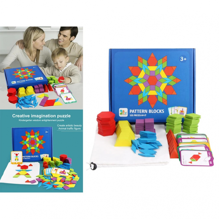 Joc tangram puzzle de tip Montessori din lemn - Pattern Blocks [4]