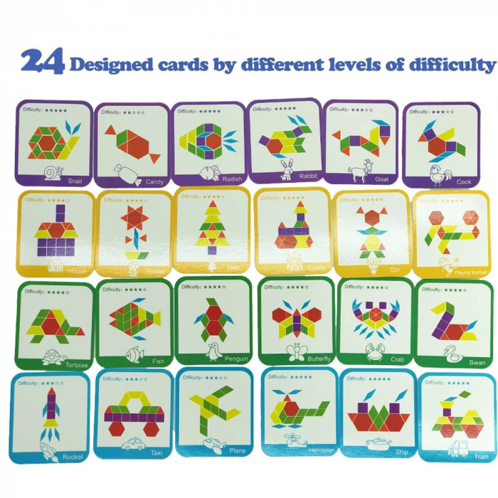 Joc tangram puzzle de tip Montessori din lemn - Pattern Blocks [8]
