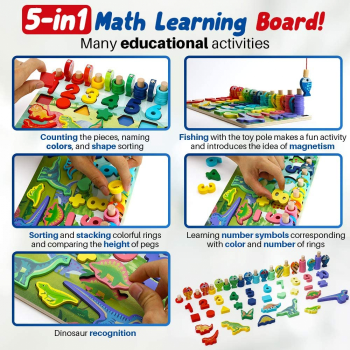 Jucărie multifuncțională din lemn PUZZLE 3D, JOC DE STIVUIT, JOC DE PESCUIT MAGNETIC - DINOZAURI [3]