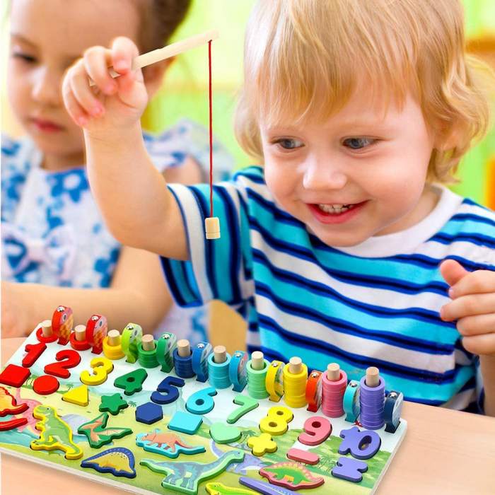 Jucărie multifuncțională din lemn PUZZLE 3D, JOC DE STIVUIT, JOC DE PESCUIT MAGNETIC - DINOZAURI [5]