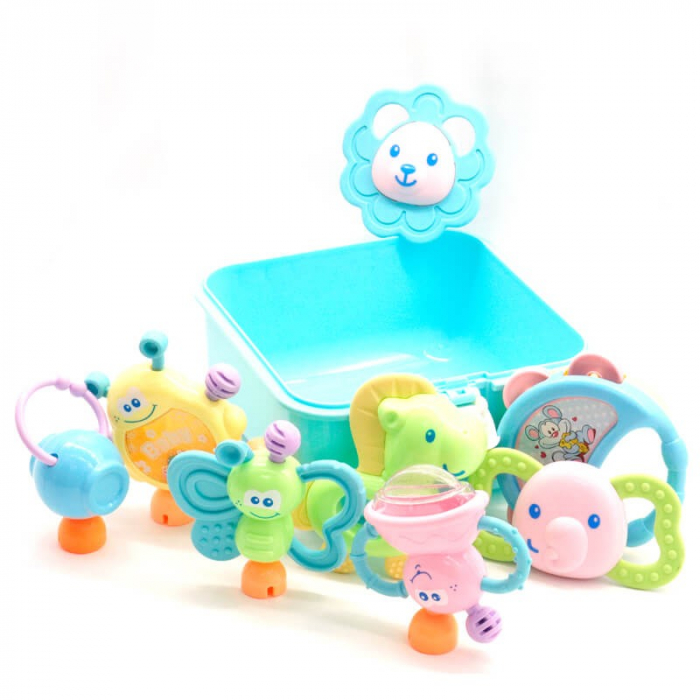 Set 8 jucării zornăitoare din plastic în cutie cu mâner culoare albastră [3]