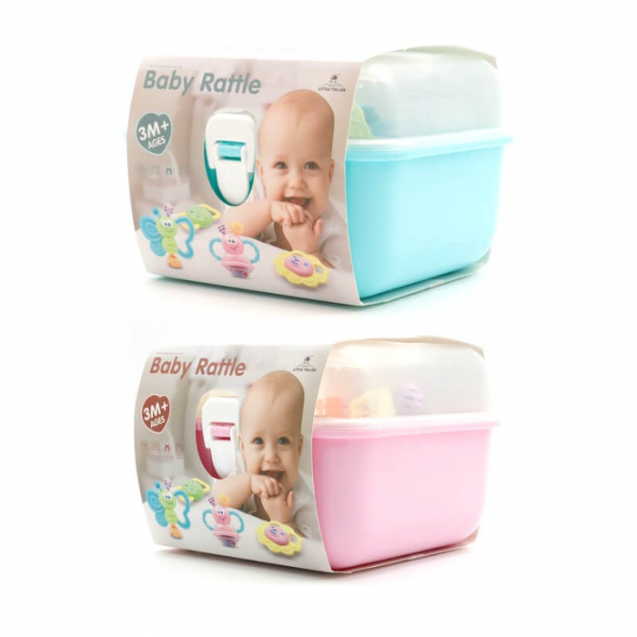 Set 8 jucării zornăitoare din plastic în cutie cu mâner culoare roz [4]