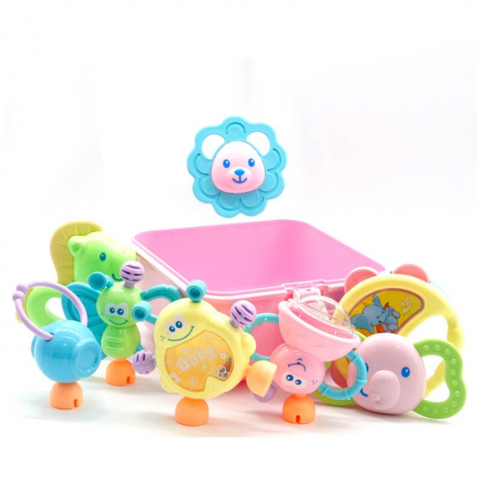 Set 8 jucării zornăitoare din plastic în cutie cu mâner culoare roz [3]
