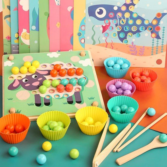 Jucărie din lemn de tip Montessori de îndemânare și asociere cu bile colorate ADVANCED CLIP BEADS [1]
