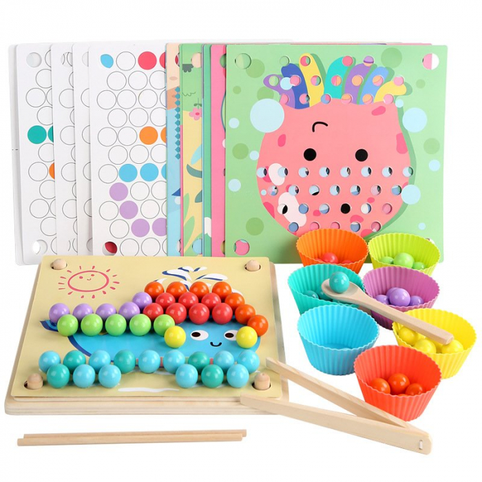Jucărie din lemn de tip Montessori de îndemânare și asociere cu bile colorate ADVANCED CLIP BEADS [4]