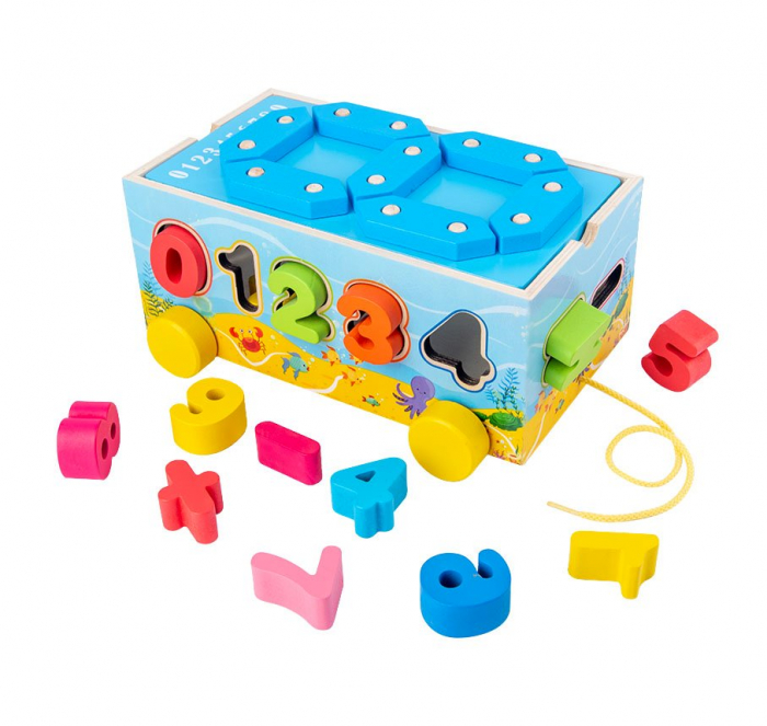 Jucărie din lemn pe roţi cu sortator cifre şi operaţii matematice - Digital building block car [4]