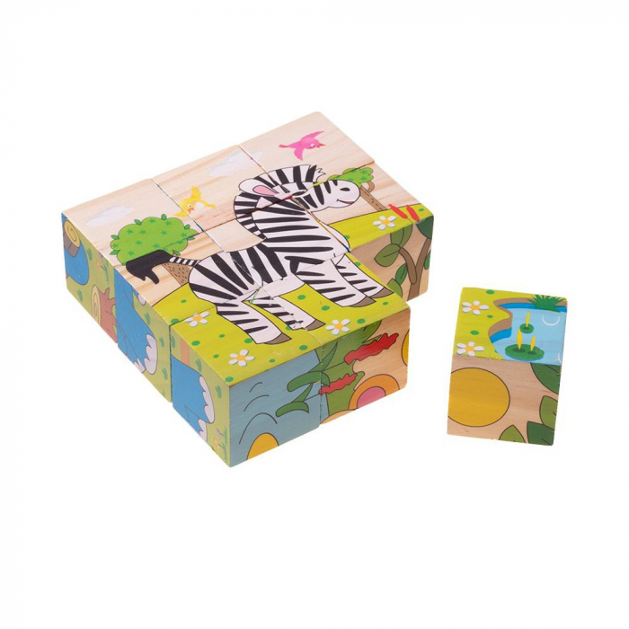 Set 9 cuburi din lemn cu puzzle animale din junglă [2]