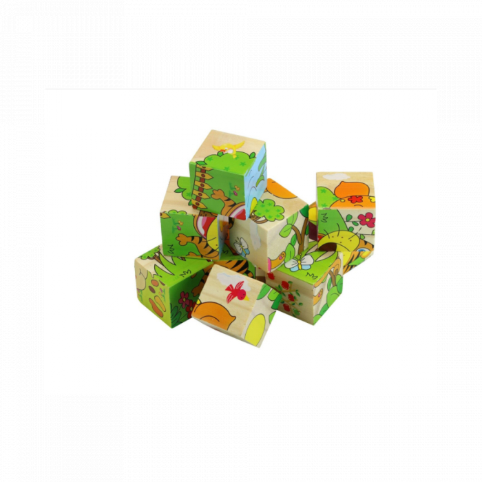 Set 9 cuburi din lemn cu puzzle animale din junglă [4]