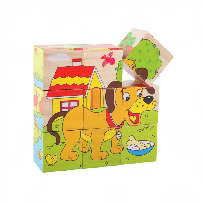 Set 9 cuburi din lemn cu puzzle animale de la fermă [2]