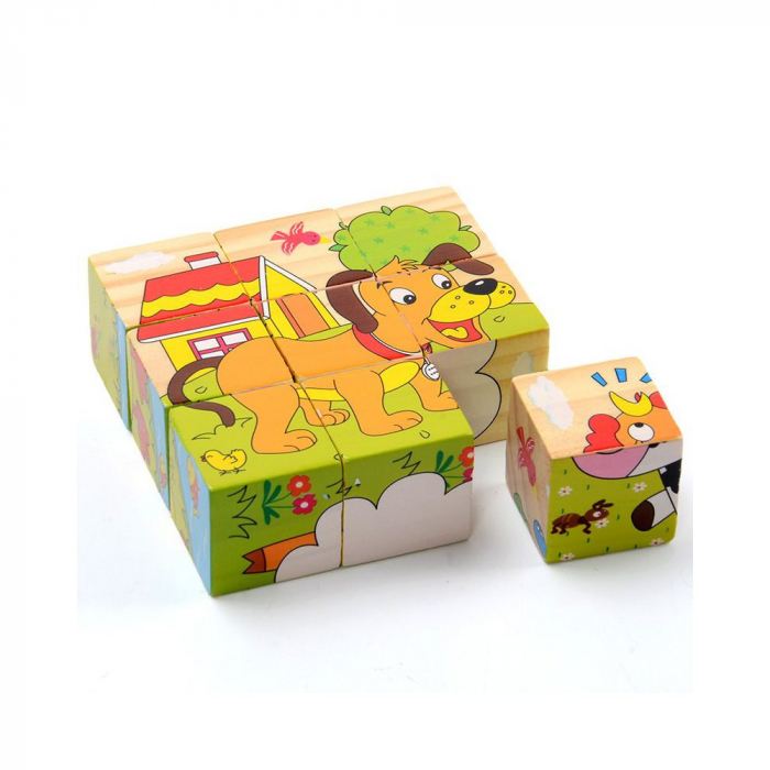 Set 9 cuburi din lemn cu puzzle animale de la fermă [3]