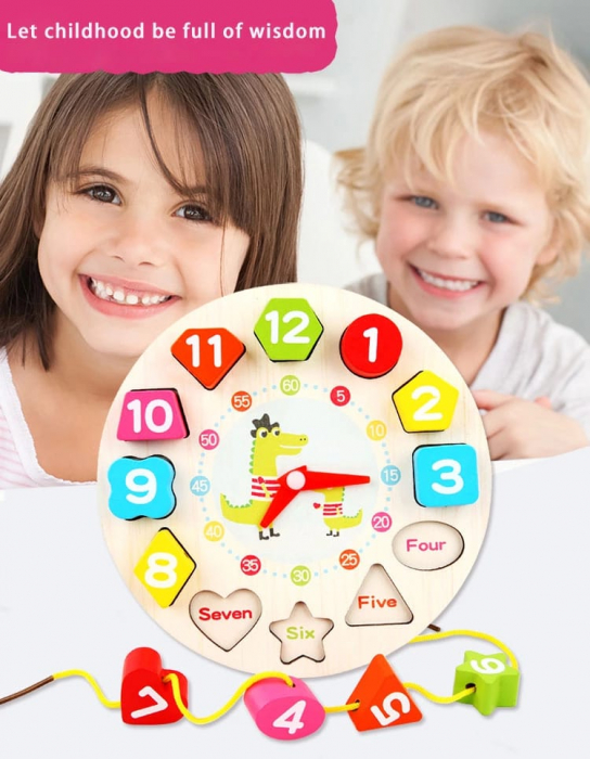 Ceas puzzle din lemn Montessori și jucărie de înșiruit SETON CLOCK [1]