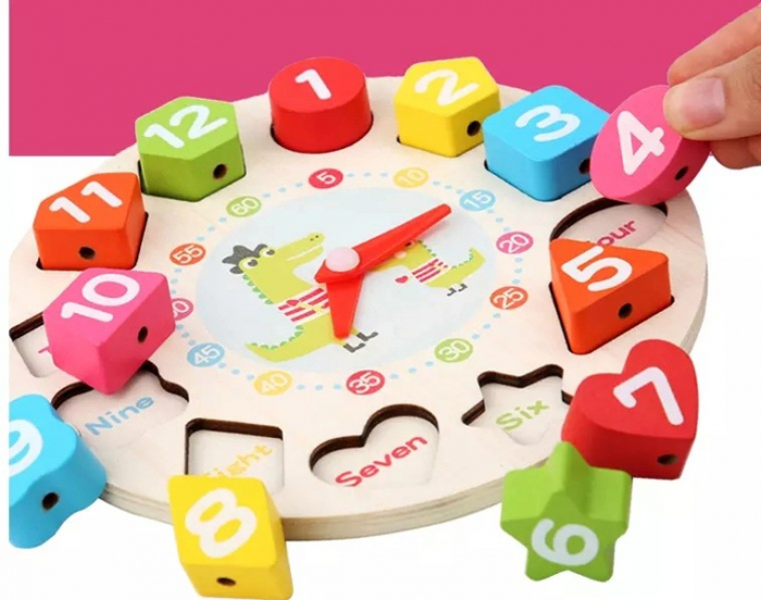 Ceas puzzle din lemn Montessori și jucărie de înșiruit SETON CLOCK [8]