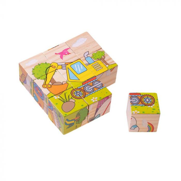 Set 9 cuburi din lemn cu puzzle mijloace de transport [3]