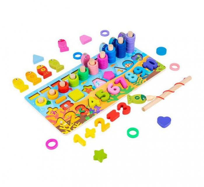Joc multifunctional din lemn puzzle, stivuit si pescuit magnetic - Six in one logarithmic board [2]