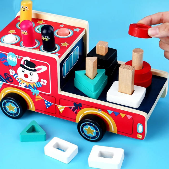 Camionul animalutelor - jucarie din lemn de tras, joc de stivuit si whac-a-mole [4]