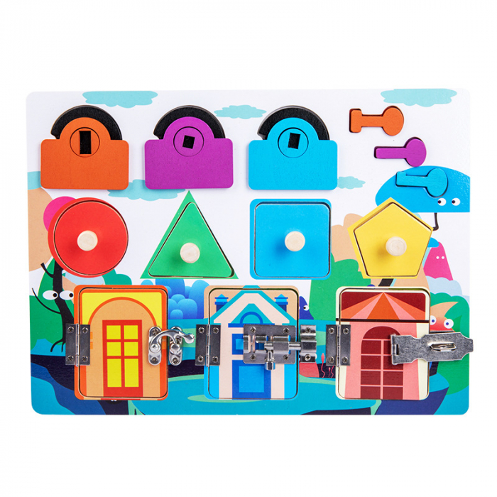 Placa din lemn puzzle si activitati Montessori incuietori [3]
