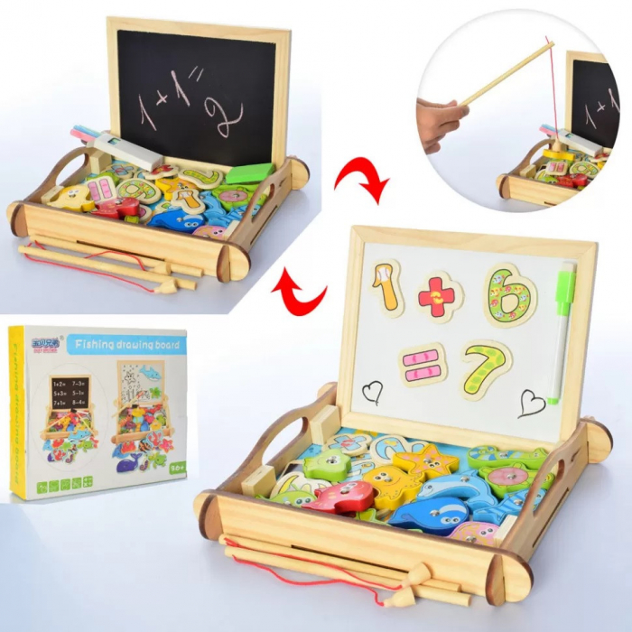 Set 2 in 1 pescuit magnetic si tabla de scris si desenat din lemn - Fishing drawing board [2]
