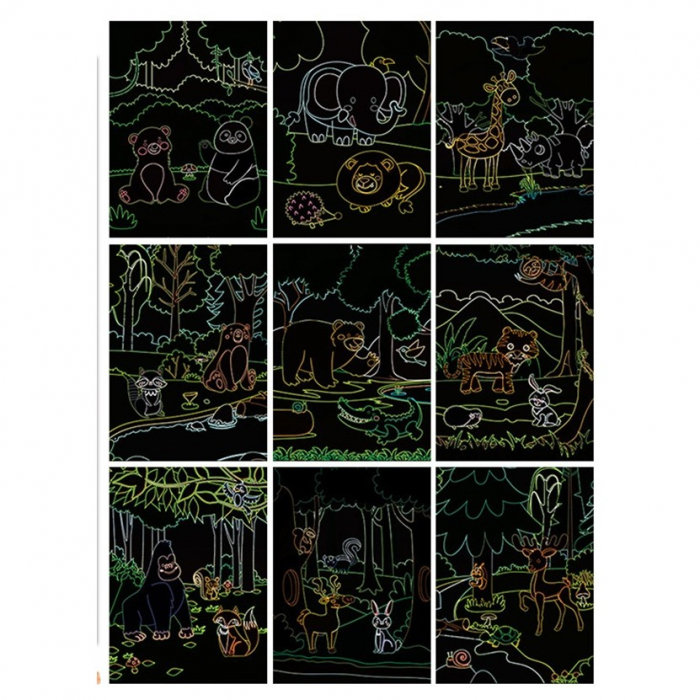Caiet cu 9 fise razuibile de colorat si razuit cu creion din bambus model animale in padure 14 x 19 cm [2]