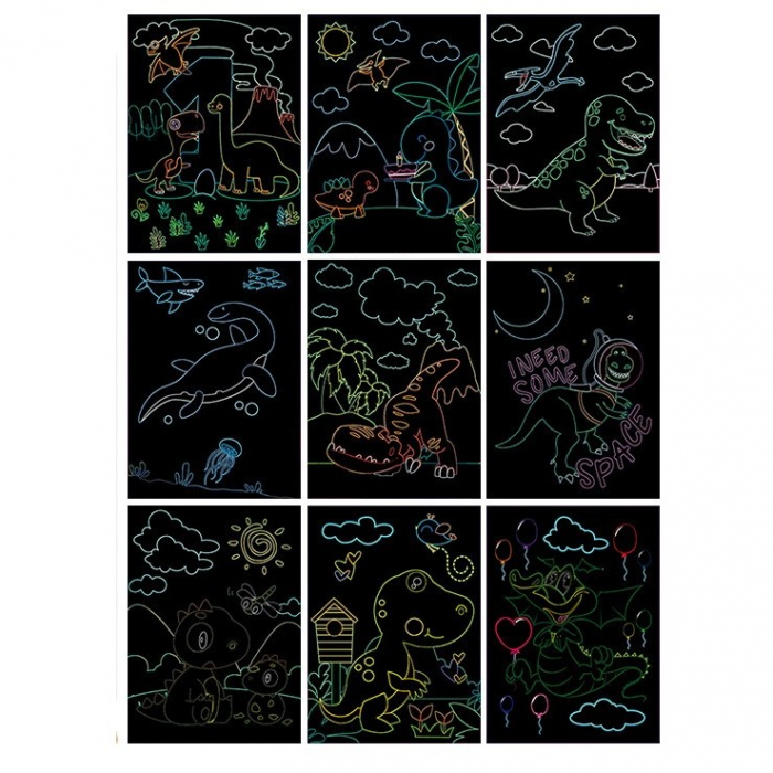 Caiet cu 9 fise razuibile de colorat si razuit cu creion din bambus model dinozauri 14 x 19 cm [2]