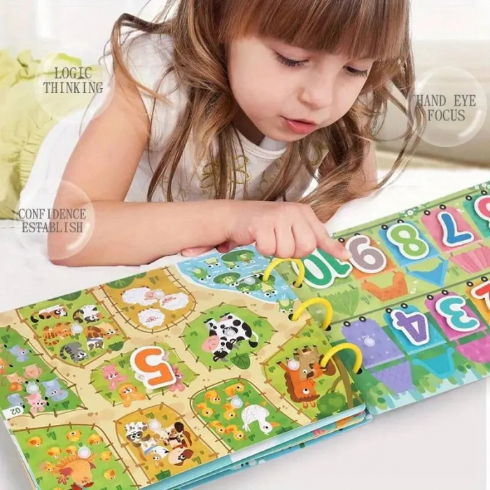 Carte de activitati Montessori cu carduri reutilizabile cu arici litere, numere si forme geometrice Numeral busy book [4]