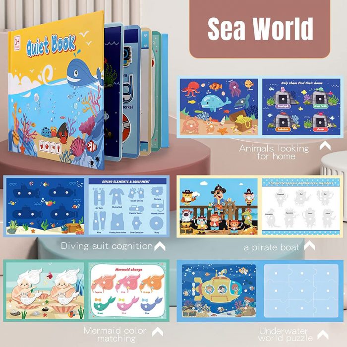 Carte de activitati Montessori cu carduri reutilizabile cu arici Quiet book ANIMALE MARINE [3]