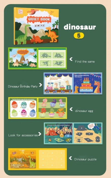 Carte de activitati Montessori cu carduri reutilizabile cu arici Quiet book DINOZAURI [4]