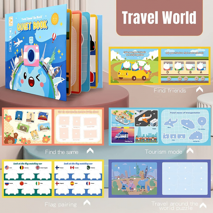 Carte de activitati Montessori cu carduri reutilizabile cu arici Quiet book IN JURUL LUMII [6]