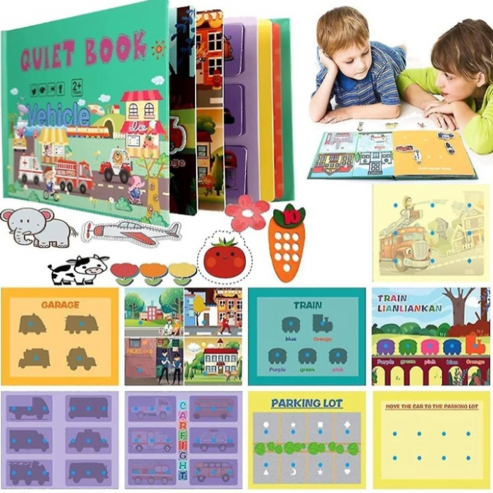 Carte de activitati Montessori cu carduri reutilizabile cu arici Quiet book VEHICULE [3]