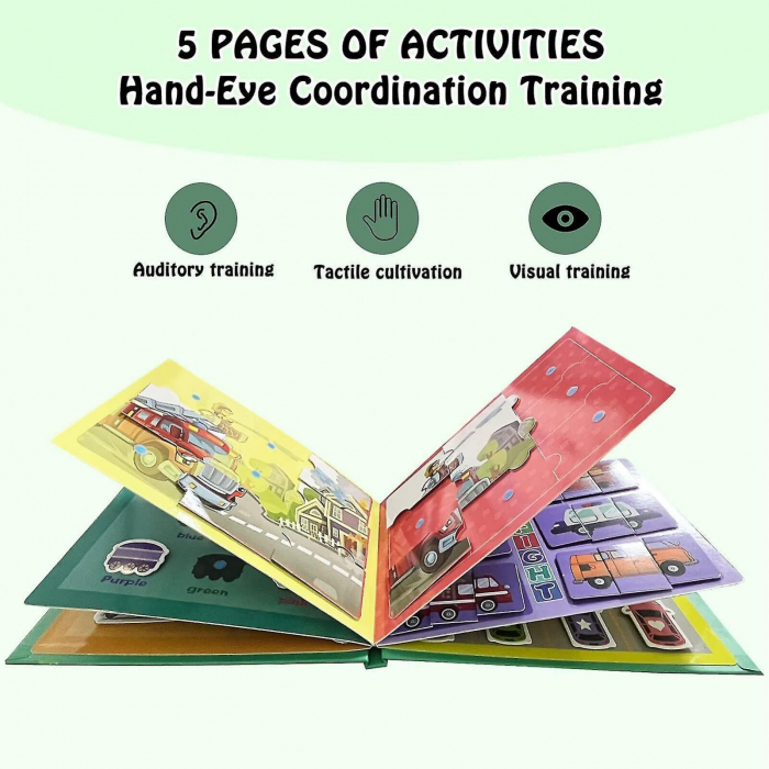 Carte de activitati Montessori cu carduri reutilizabile cu arici Quiet book VEHICULE [5]